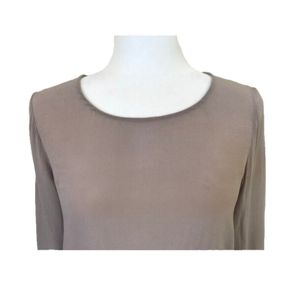 WILFRED Desaix Long Sleeve 100% Silk Top Blouse Size Small Taupe Cream Lace Trim - Picture 2 of 8